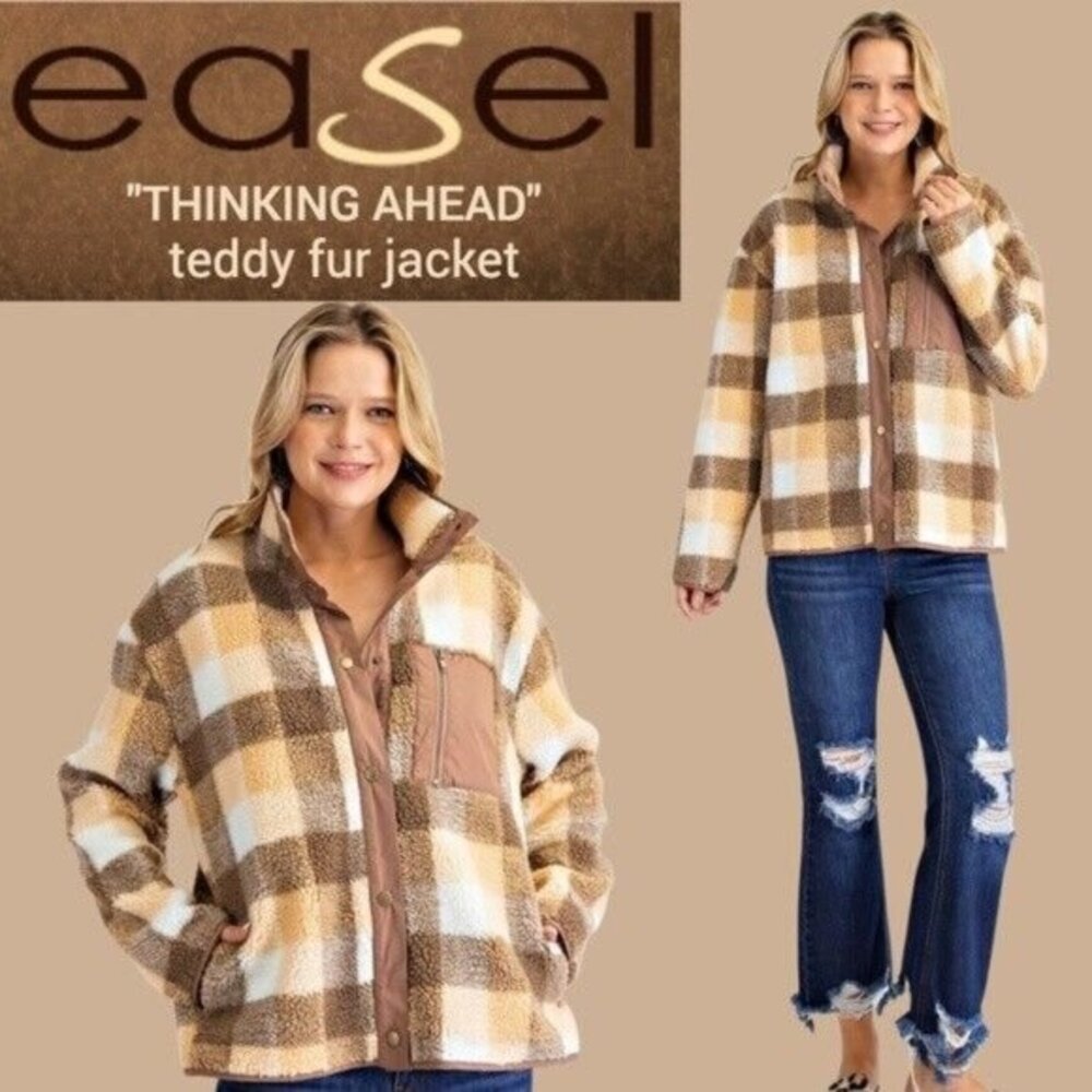 EASEL "Thinking Ahead" Teddy Fur Jacket Snap Front Closure Raised Collar Pockets